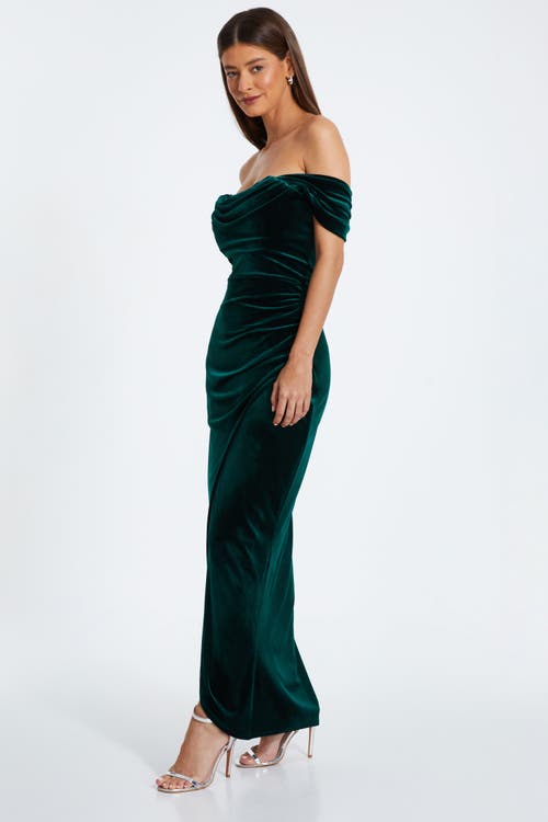 Quiz Velvet Cowl Bardot Maxi Dress In Green