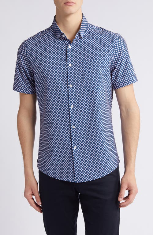 Leeward Trim Fit Print Short Sleeve Performance Button-Up Shirt in Navy Agave