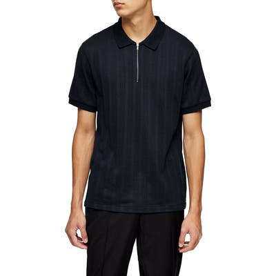 Topman Mesh Stripe Zip Polo, Blue