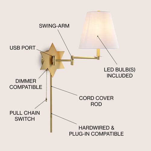 Jonathan Y David 1-light French Country Swing Arm Wall Sconce With Led, Usb Port, And Pull-chain In Gold Metallic