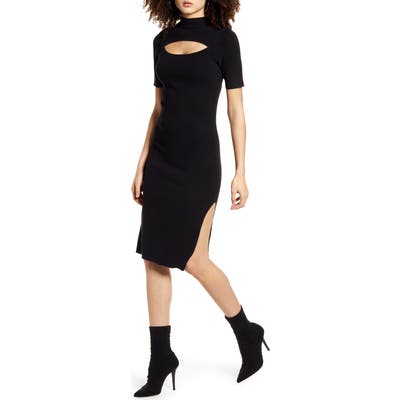 Leith Cutout Front Mock Neck Sweater Dress, Black