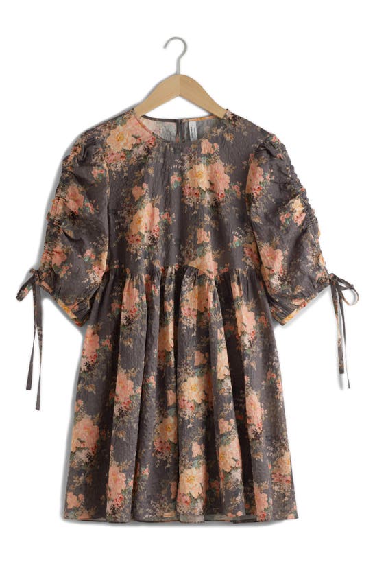 & Other Stories Floral Puff Sleeve Shift Minidress In Brown