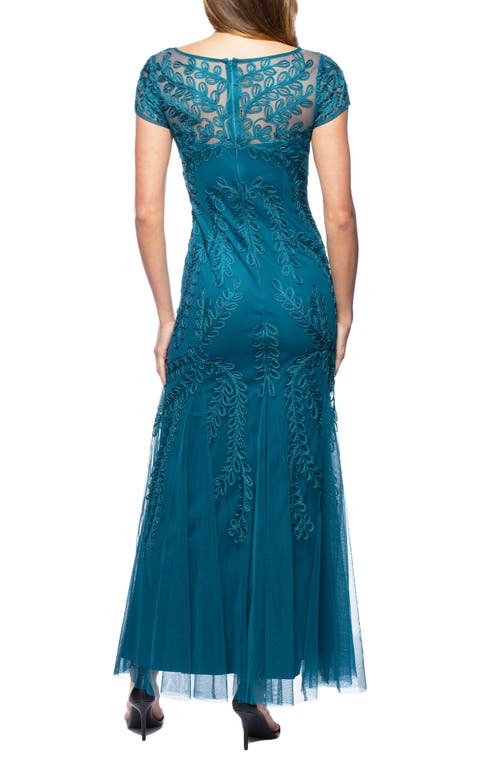 Marina Embellished Illusion Mesh Gown In Teal