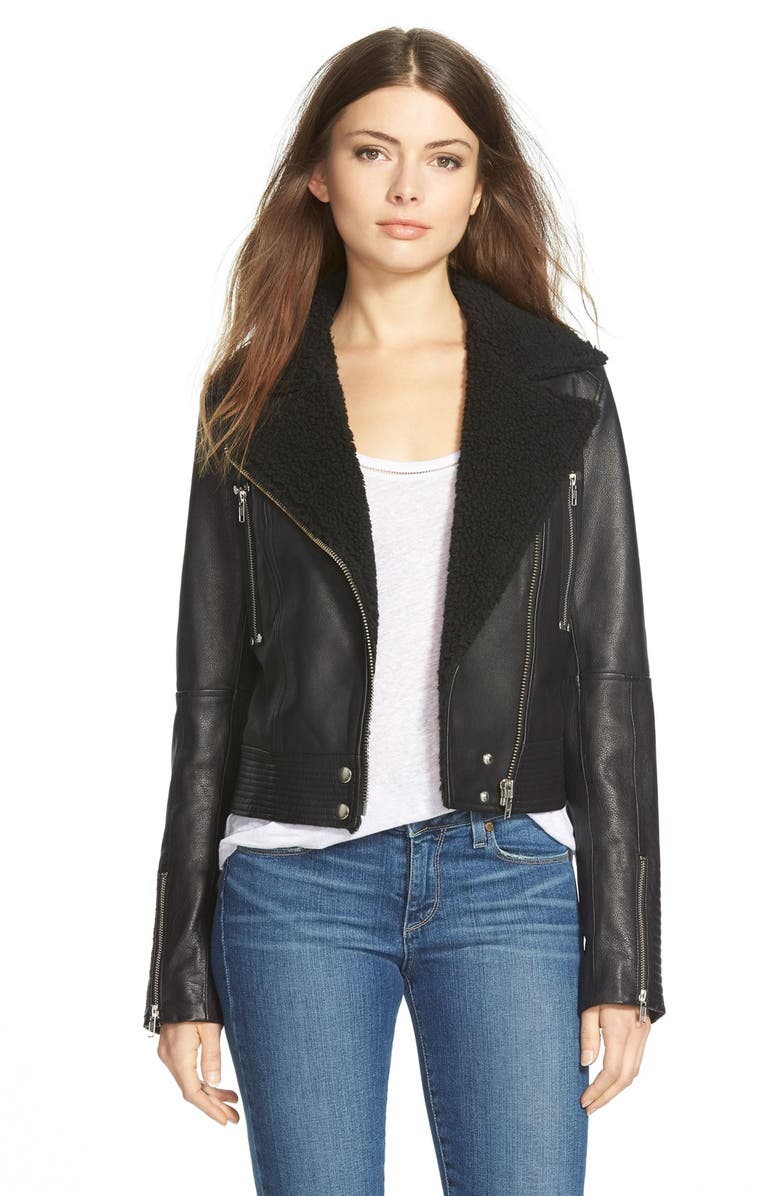 PAIGE Denim 'Rooney' Leather Jacket with Faux Shearling Collar, Main, color, Black