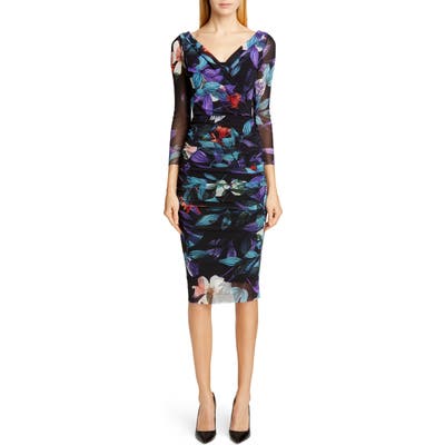 Fuzzi Floral Ruched Body-Con Dress, Black