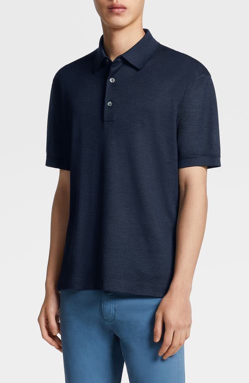 ZEGNA Honeycomb Short Sleeve Silk Polo in Blue 