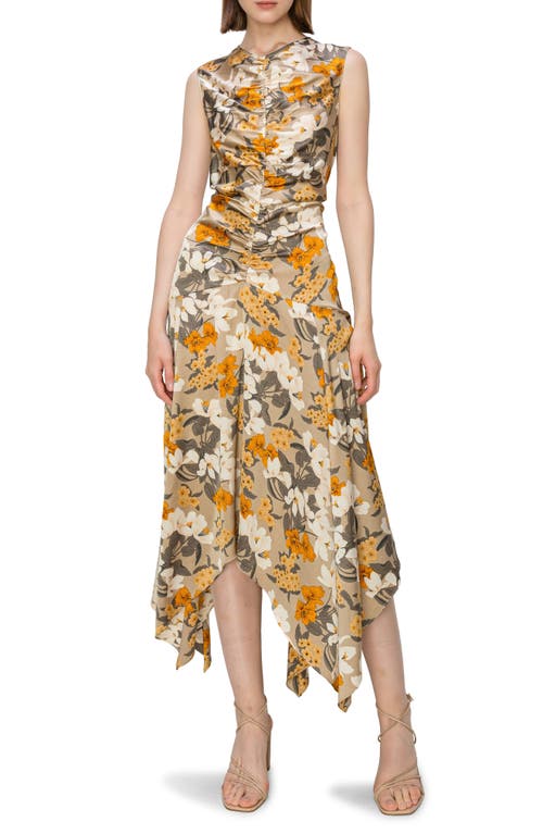 Floral Print Ruched Satin Midi Dress in Grey Orange Floral Print