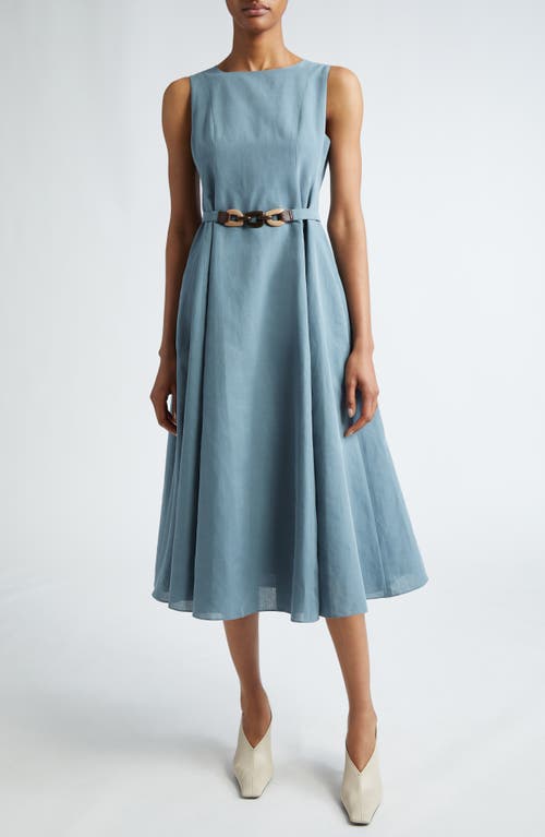 Shop Max Mara Amelie Belted Sleeveless Cotton & Linen A-line Dress In Sky Blue