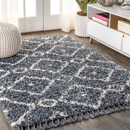 Jonathan Y Mercer Shag Plush Tassel Moroccan Diamond Denim Area Rug In Denim Blue/cream
