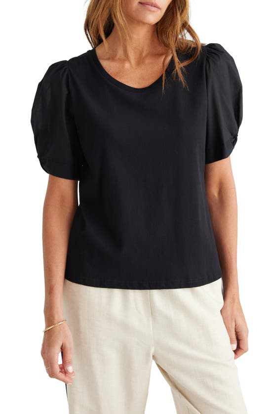 Shop Brave + True Abigail Puff Sleeve Mixed Media Cotton Top In Black