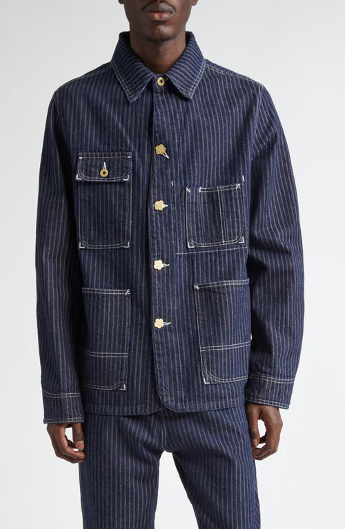 KENZO Railroad Stripe Relaxed Workwear Jacket Rinse Blue Denim at Nordstrom,