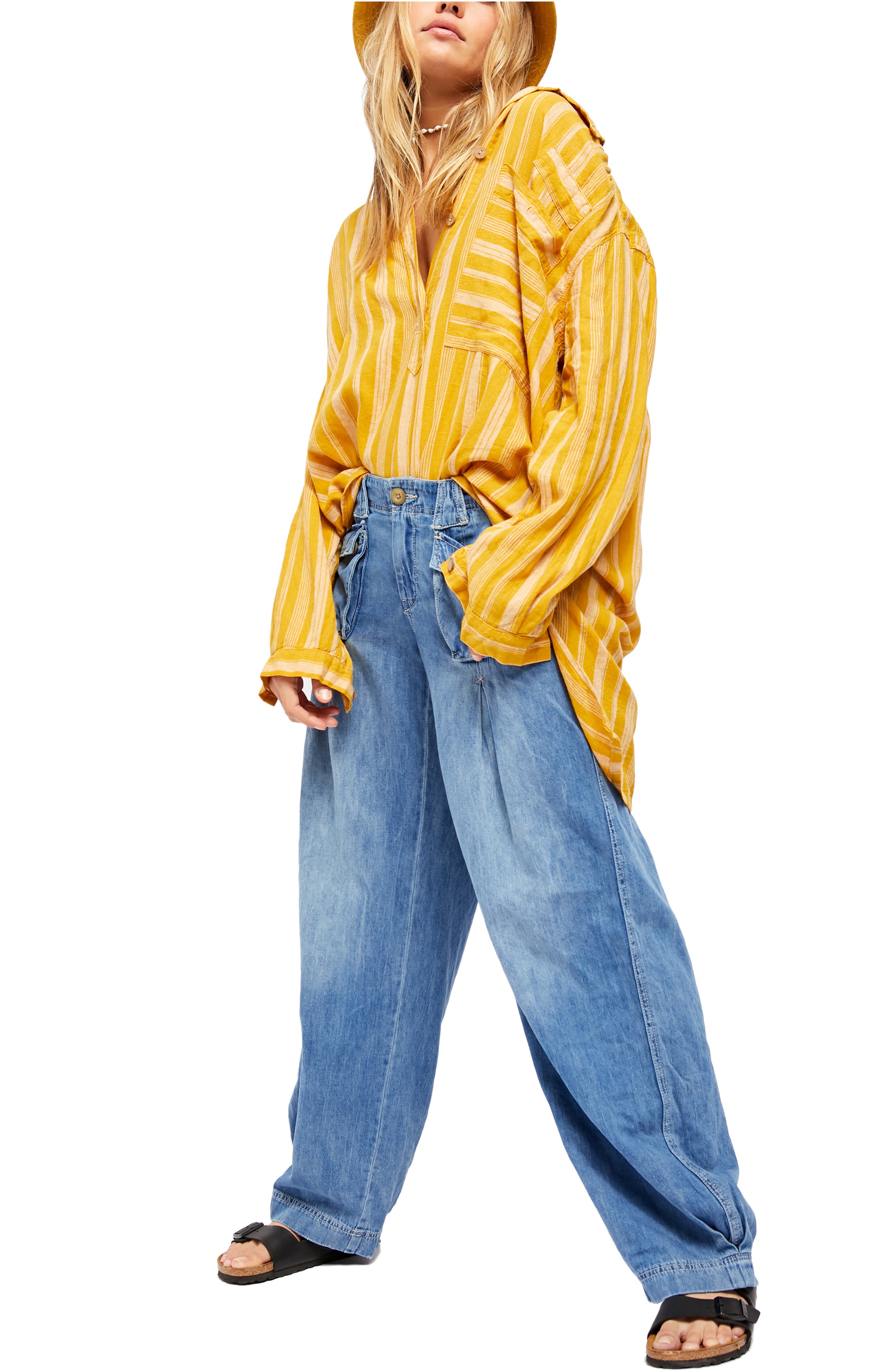 Free people birch denim wide leg pants Clearance