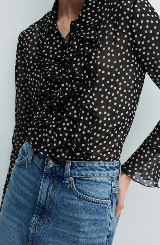 Mango Polka Dot Ruffle Semisheer Long Sleeve Blouse In Black