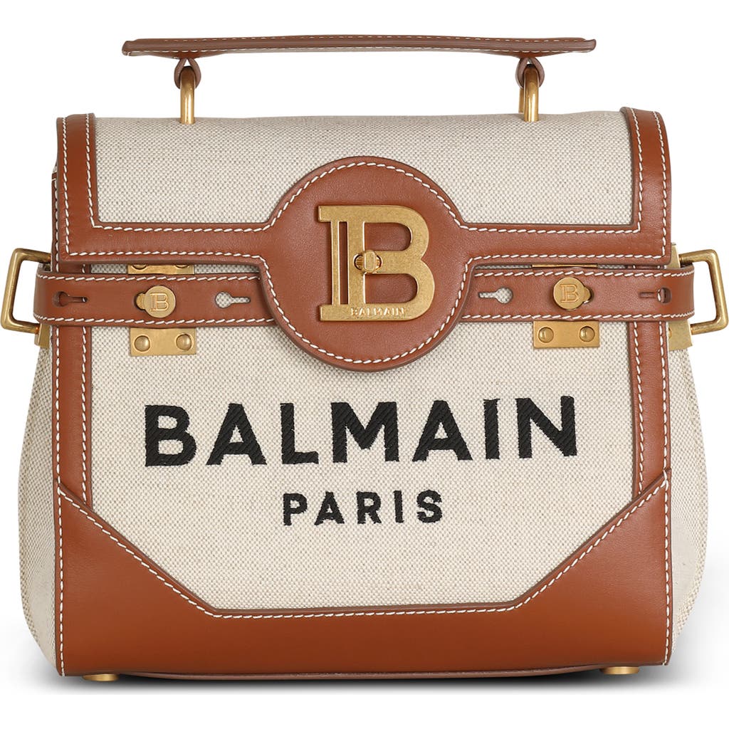Balmain B-buzz 23 Canvas & Leather Top Handle Bag In Gem Natural/brown