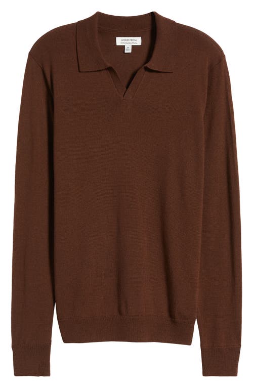 Shop Nordstrom Johnny Collar Long Sleeve Merino Wool Sweater In Brown Bitter