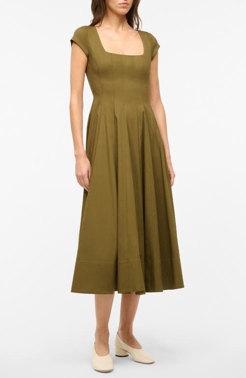 Shop Staud Wells Short Sleeve Stretch Cotton Midi Dress In Sergeant Green