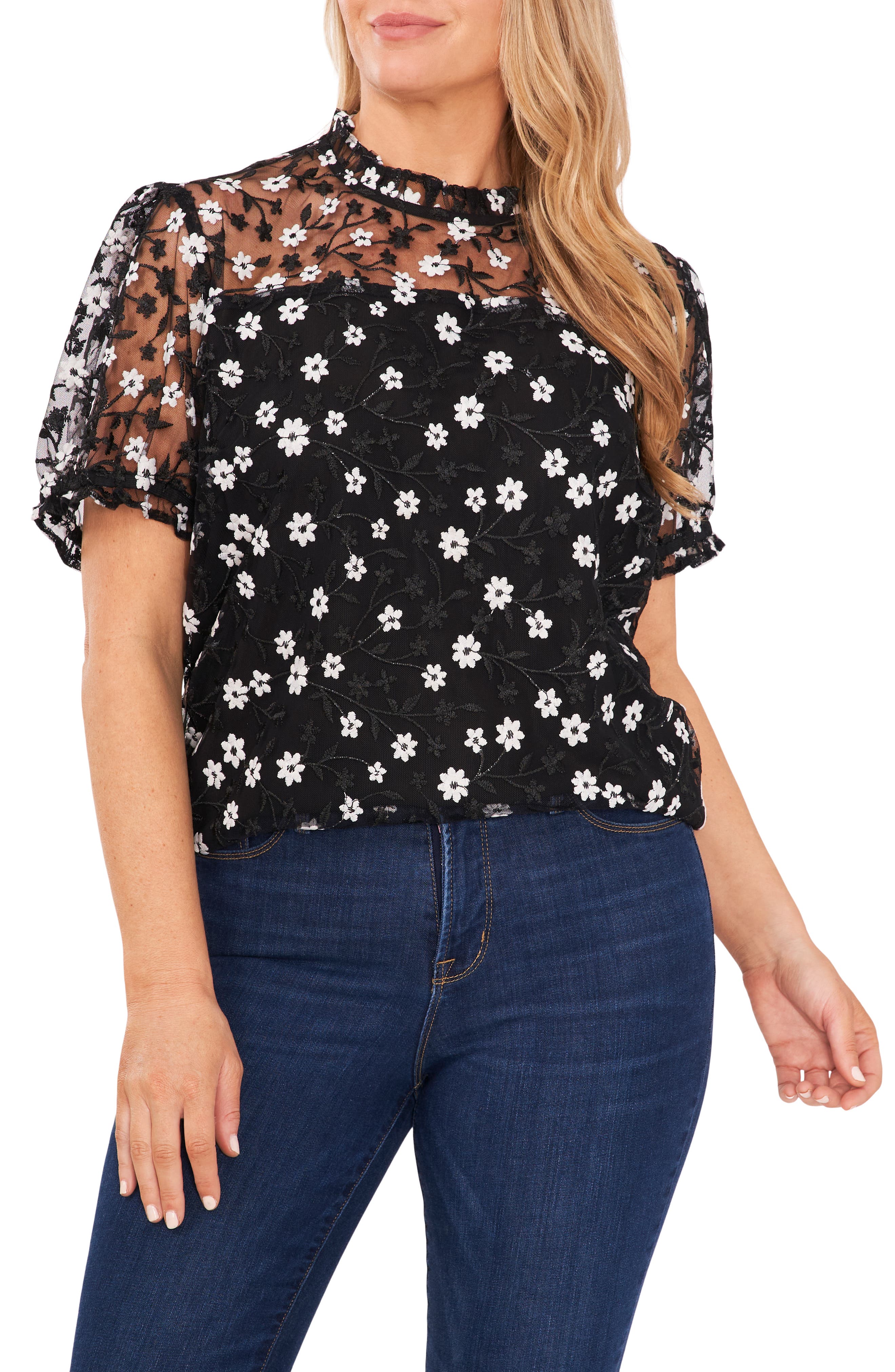CeCe Embroidered Floral Mesh Overlay 