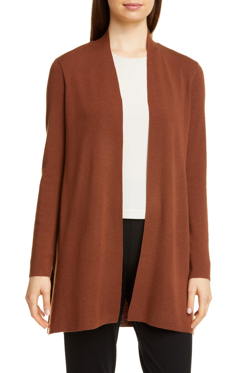 EILEEN FISHER Merino Straight Long Cardigan, Main, color, NUTMEG