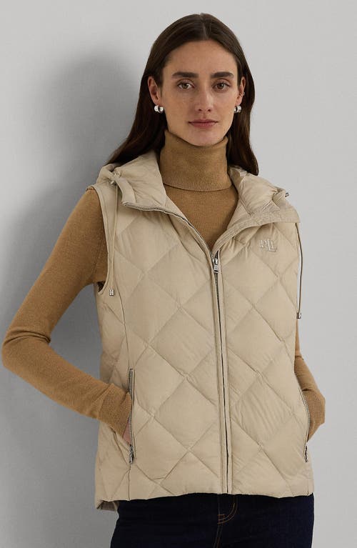 Shop Lauren Ralph Lauren Monogram Hooded Quilted Down Puffer Vest In Explorer Sand