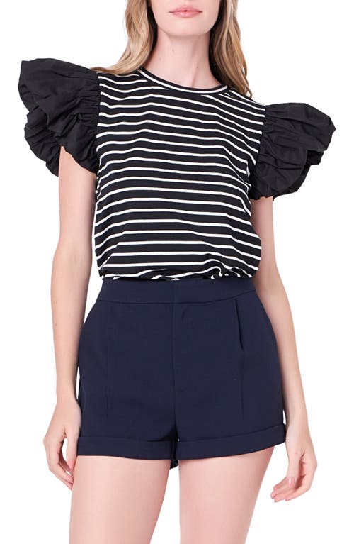 English Factory Mixed Media Stripe Ruffle Sleeve Top In Black/white
