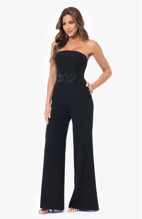 Shop Betsy & Adam Rhinestone Flower Appliqué Strapless Wide Leg Jumpsuit In Black/black