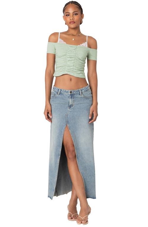 Shop Edikted Peeking Lace Cold Shoulder Ruched Crop Top In Sage