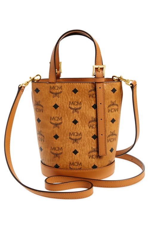 Mcm Mini Aren Vi Visetos Coated Canvas Bucket Bag In Cognac