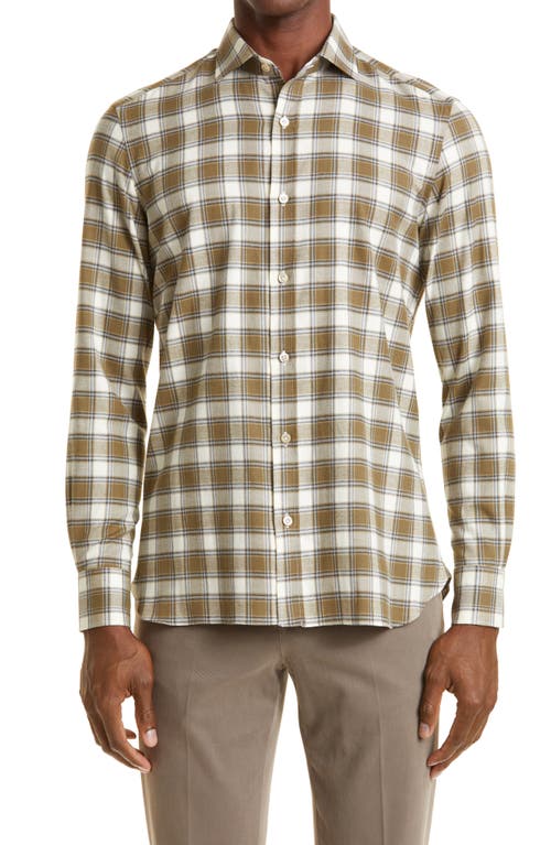 Boglioli Plaid Cashmere Flannel Button-Up Shirt in Olive/Brown