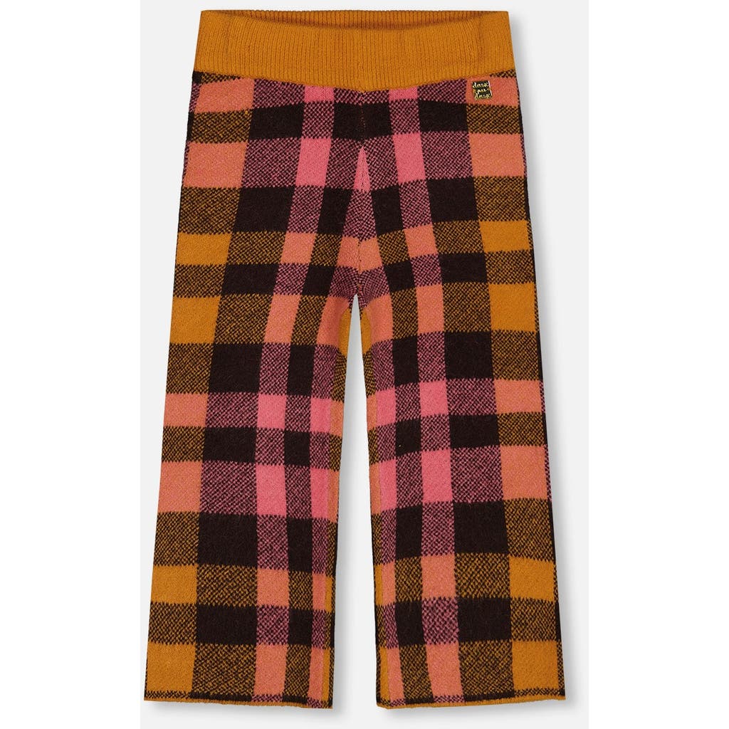 Deux Par Deux Kids' Little Girl's Cropped Wide Leg Pant Plaid Magenta And Brown In Plaid Pink & Brown
