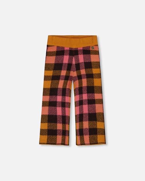 Shop Deux Par Deux Girl's Cropped Wide Leg Pant Plaid Magenta And Brown In Plaid Pink & Brown