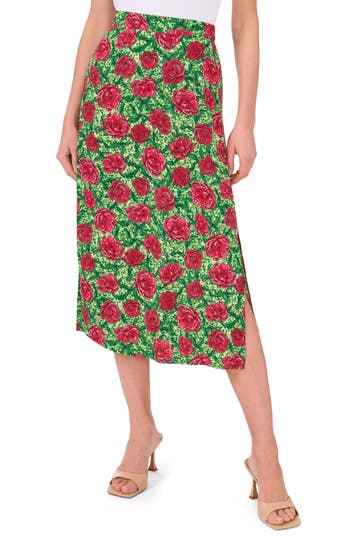 Shop Halogen ® Side Slit Midi Skirt In Carmine Roses Pink/green