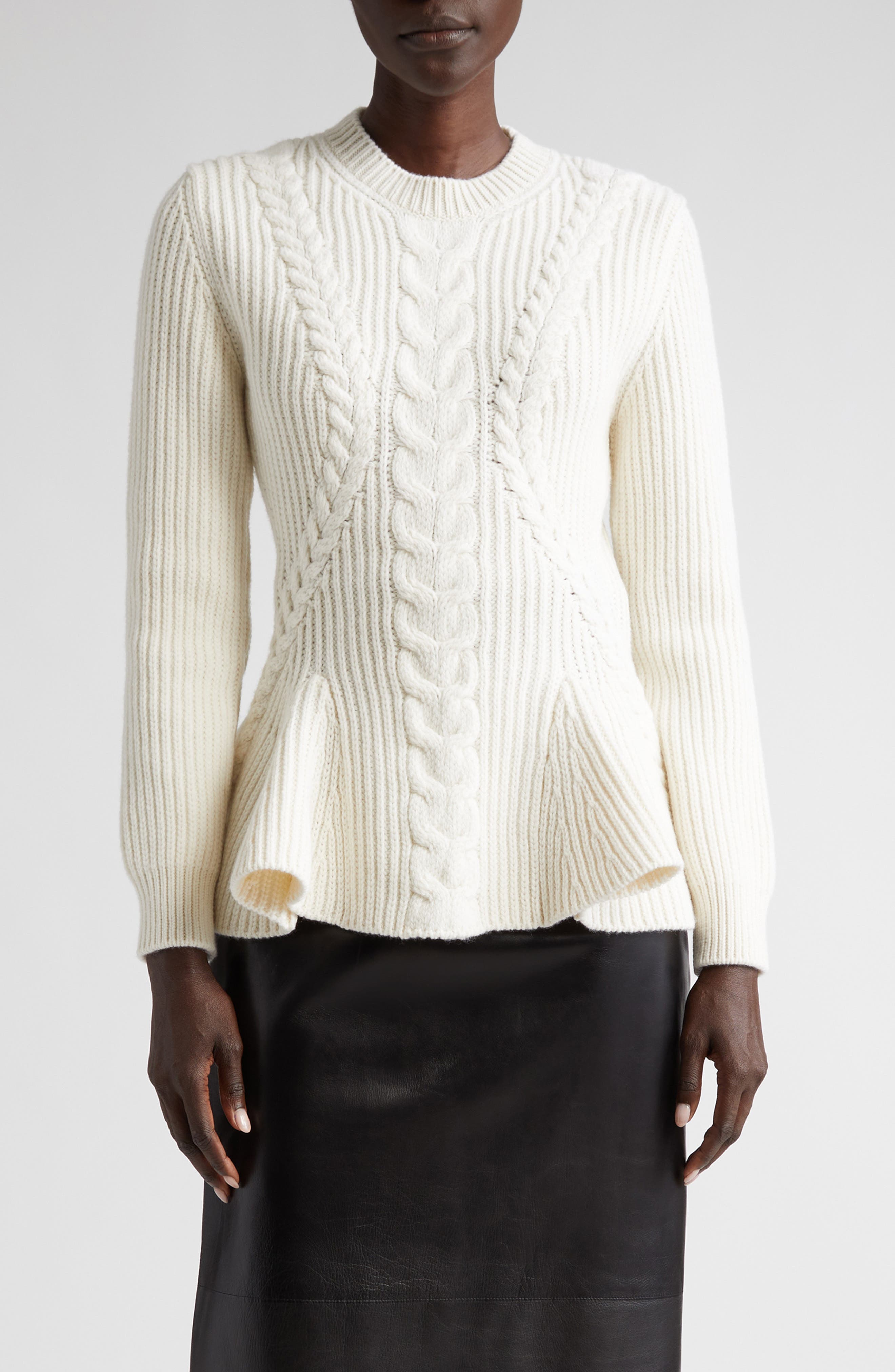 Alexander McQueen Cable Knit Wool & Cashmere Rib Peplum Sweater in