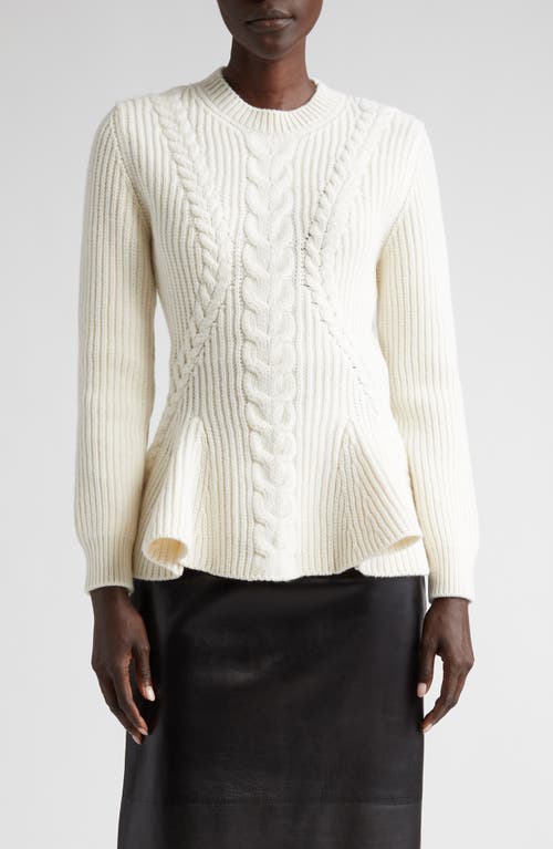 Cable Knit Wool & Cashmere Rib Peplum Sweater in Ivory