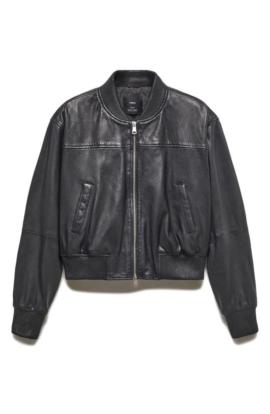 Shop Mango Leather Bomber Jacket In Black