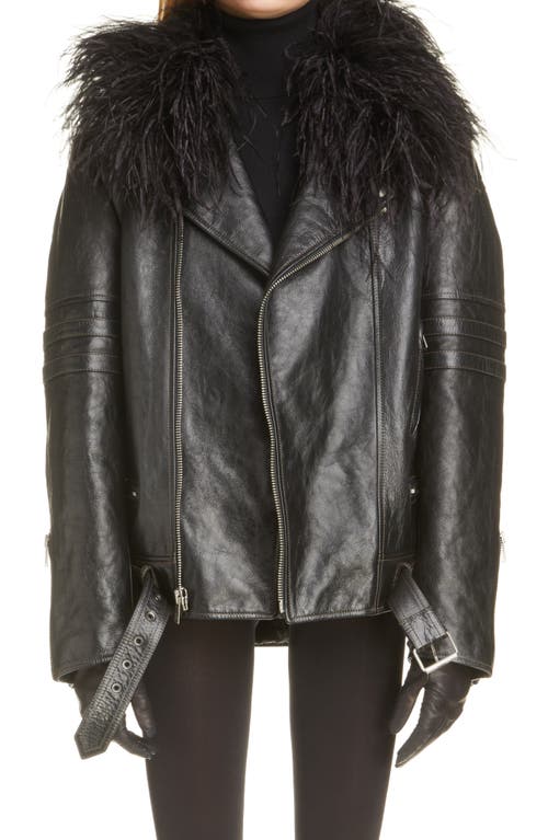 Leather Moto Jacket with Feather Trim in Noir/Noir