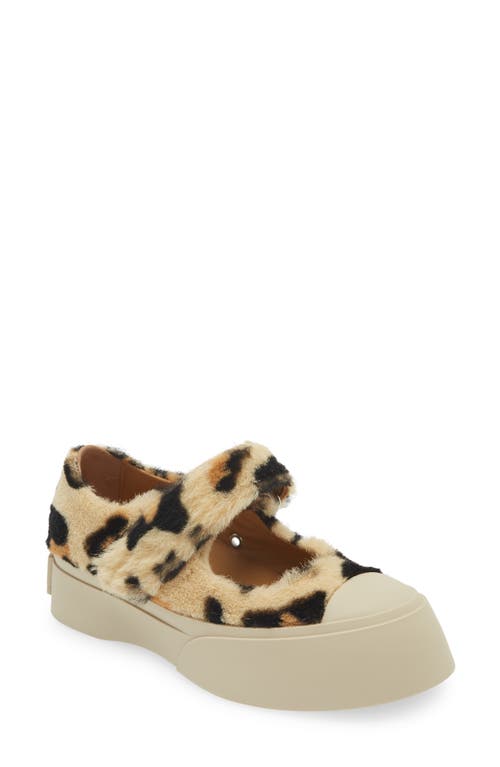 Shop Marni Pablo Leopard Print Genuine Shearling Mary Jane Sneaker In Light/brown