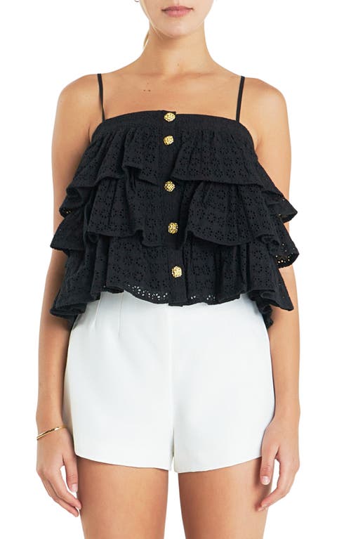 English Factory Tiered Broderie Lace Button Front Camisole Black at Nordstrom,