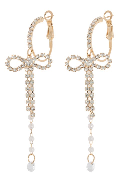Crystal Bow & Imitation Pearl Drop Hoop Earrings