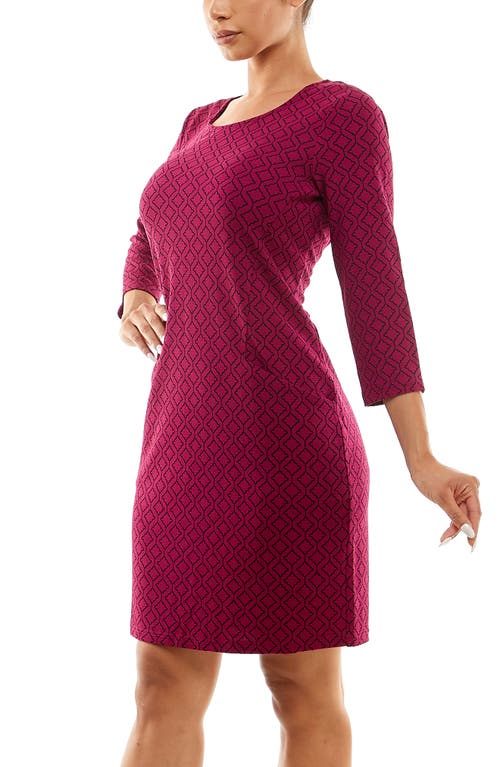 Nina Leonard Patterned 3/4 Sleeve Trapeze Dress In Sangria/black