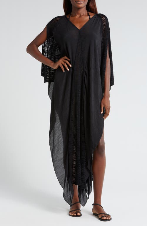 Elan Open Stitch Detail Cover-Up Caftan Dress in Black 