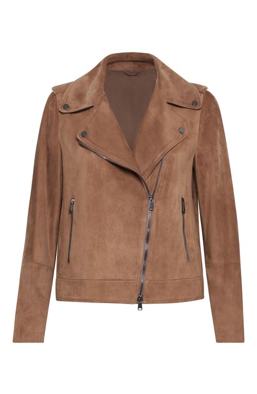 Shop Brunello Cucinelli Suede Biker Jacket In Brown