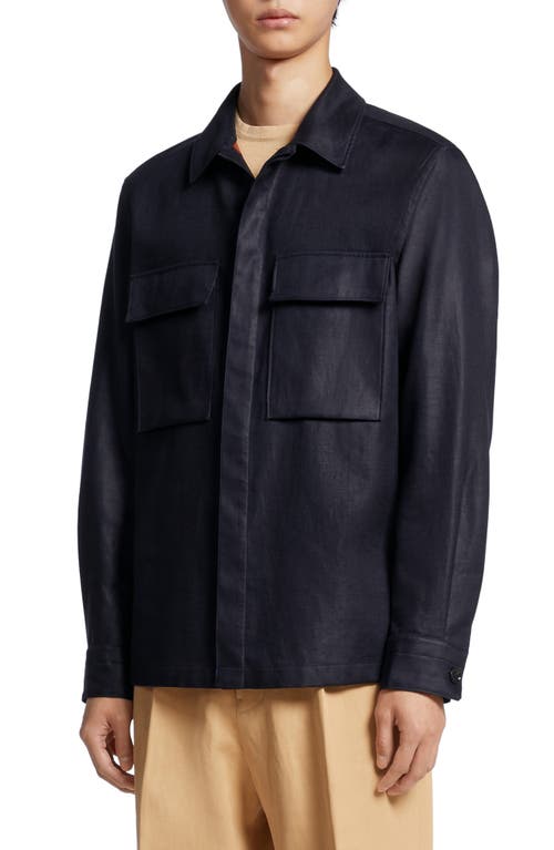 ZEGNA Double Layer Linen Twill Overshirt in Navy at Nordstrom, Size Large
