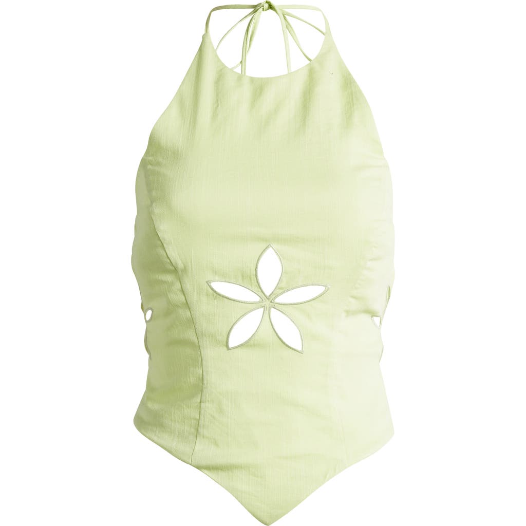 Mistress Rocks Floral Cutout Open Back Halter Top In Matcha