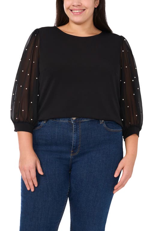 Cece Imitation Pearl Chiffon Sleeve Sweater In Rich Black