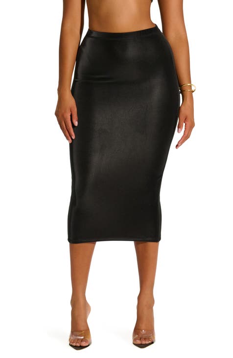 Womens Black Midi Leather Skirt With Back Slit - Pencil Style