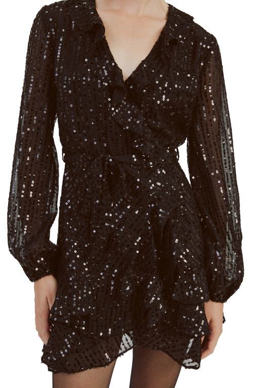 Shop Bardot Sequin Ruffle Long Sleeve Minidress In Black