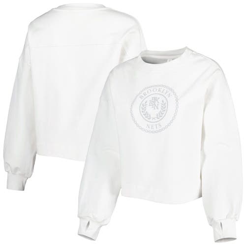 Women's Lusso White Brooklyn Nets Lola Ball and Chain Pullover Sweatshirt