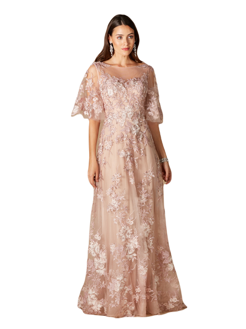 Lara New York Long Bell Sleeve V-neck Beaded Gown In Blush