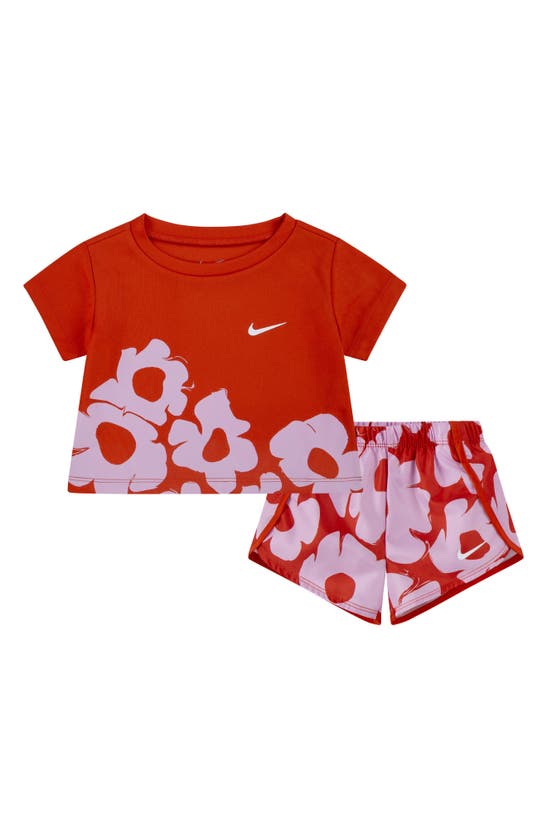Nike Babies' Floral Print Dri-fit Sprinter T-shirt & Shorts Set In Picante Red