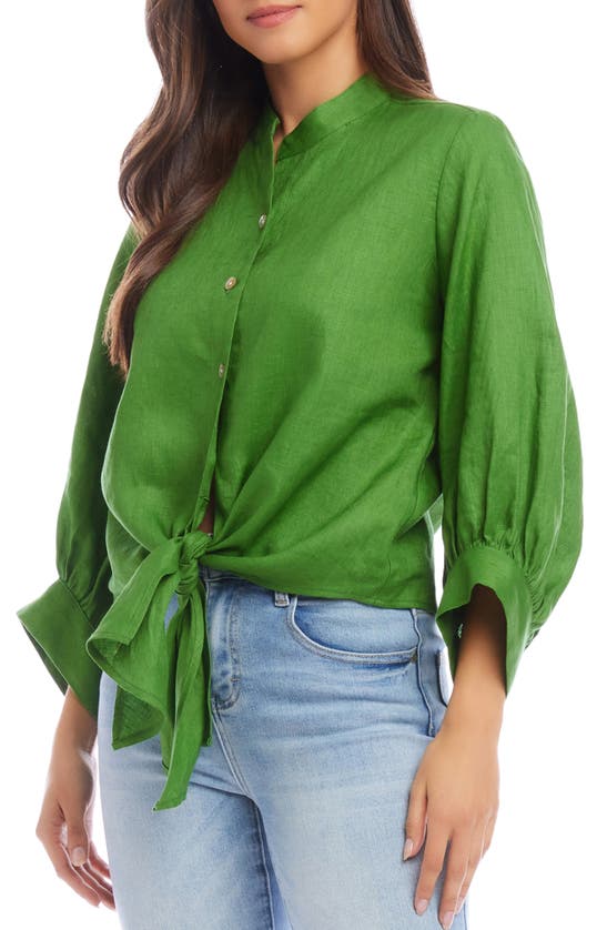 Shop Karen Kane Tie Front Linen Button-up Top In Green